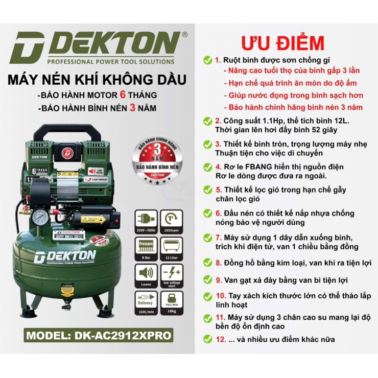 Máy nén khí không dầu 12 lít Dekton DK-AC2912XPRO