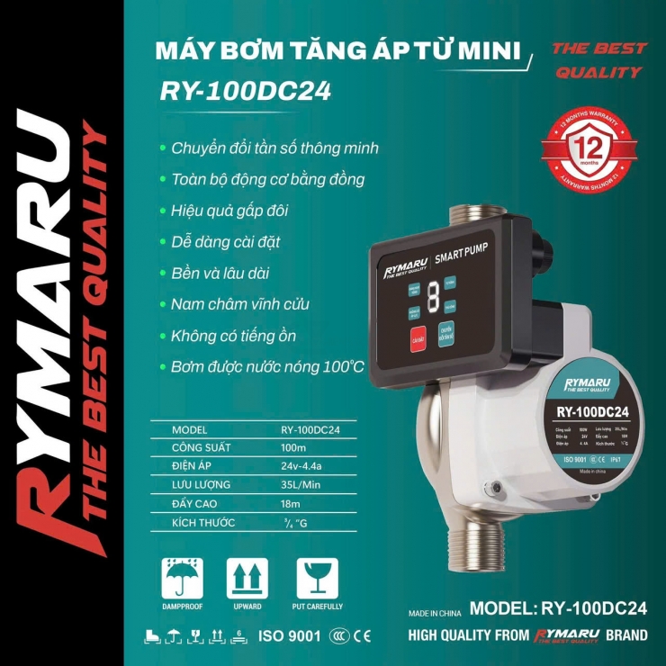 Máy bơm tăng áp mini 24V Rymaru RY-100DC24 biến tần thế hệ 2
