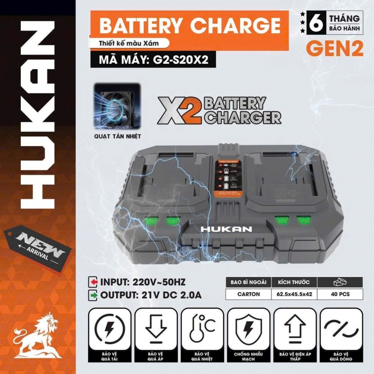 Sạc đôi 2.0Ah Hukan G2S20x2 ( 2 quạt tản nhiệt )