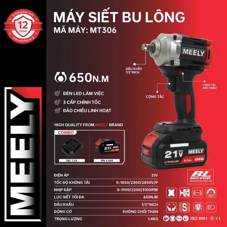 Máy bắn bulong 650Nm Pin 21V MEELY MT306 Brushless ( bộ )