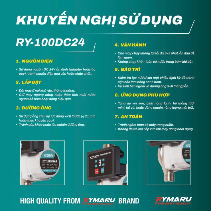 Máy bơm tăng áp mini 24V Rymaru RY-100DC24 biến tần thế hệ 2