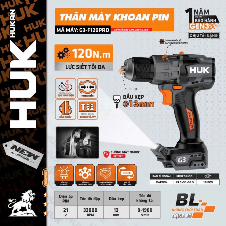 Khoan Pin 120Nm Hukan G3-F120PRO Hammer ( chưa Pin & Sạc )