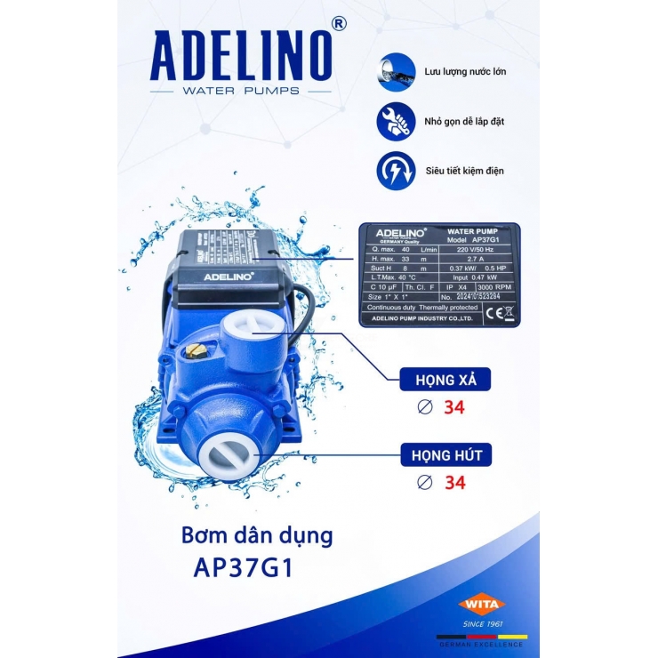 Bơm nước đẩy cao Adelino AP37 & AP55 ( 220V 0.5Hp/0.75Hp )
