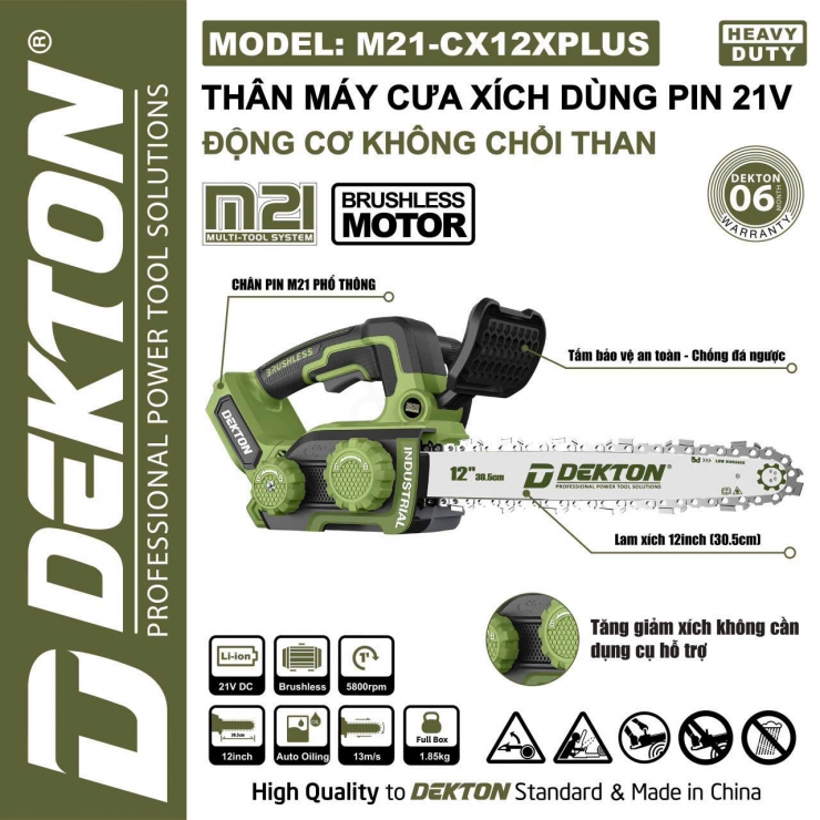 Cưa xích 12inch Pin 21V Dekton M21-CX12XPLUS ( chưa Pin & Sạc )