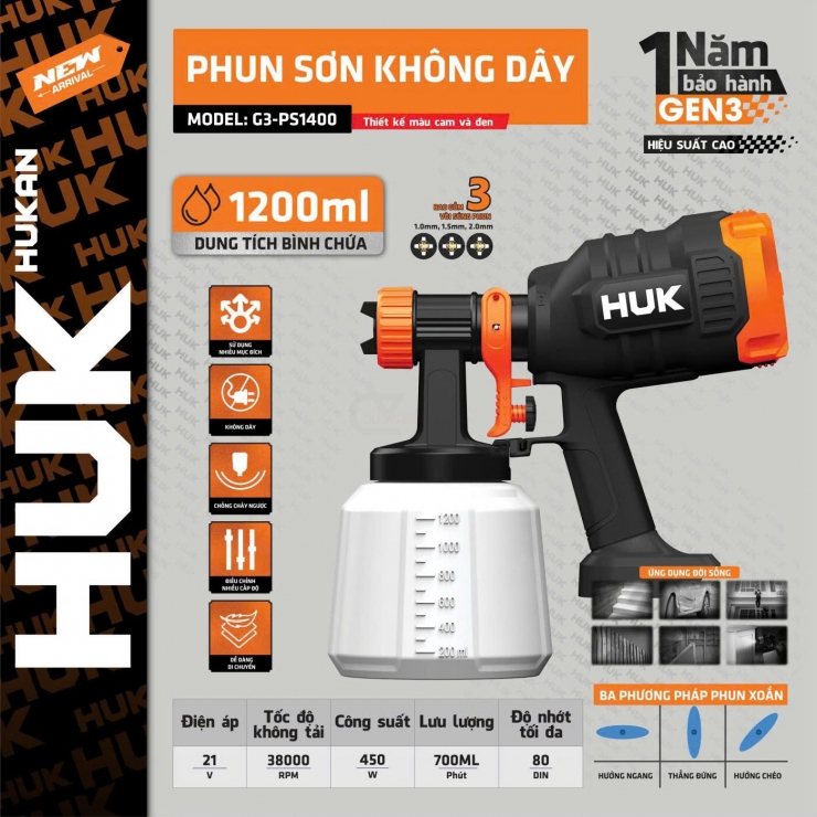 Máy phun sơn Pin 21V Hukan G3-PS1400 ( chưa Pin & Sạc )