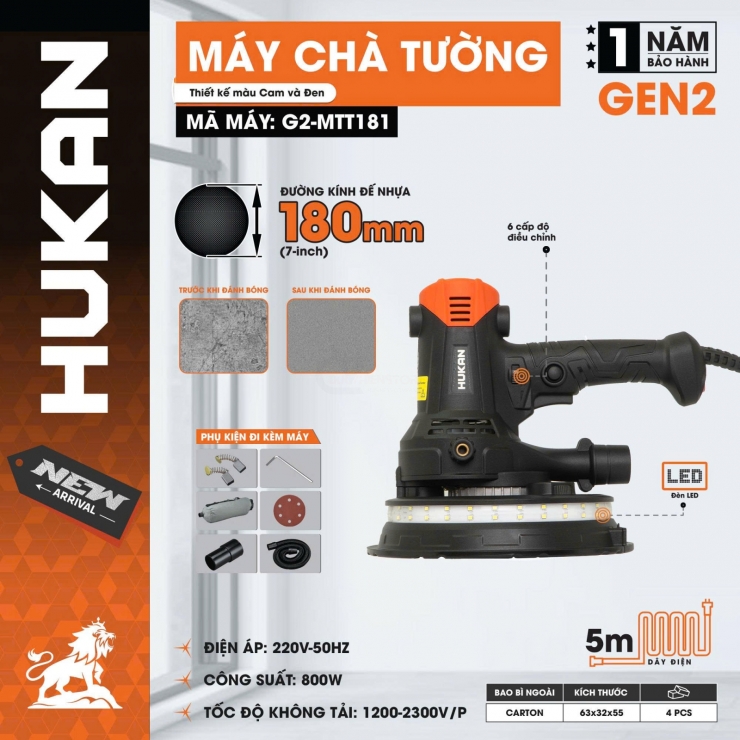 Máy chà tường sơn nước Hukan G2-MTT181 có đèn