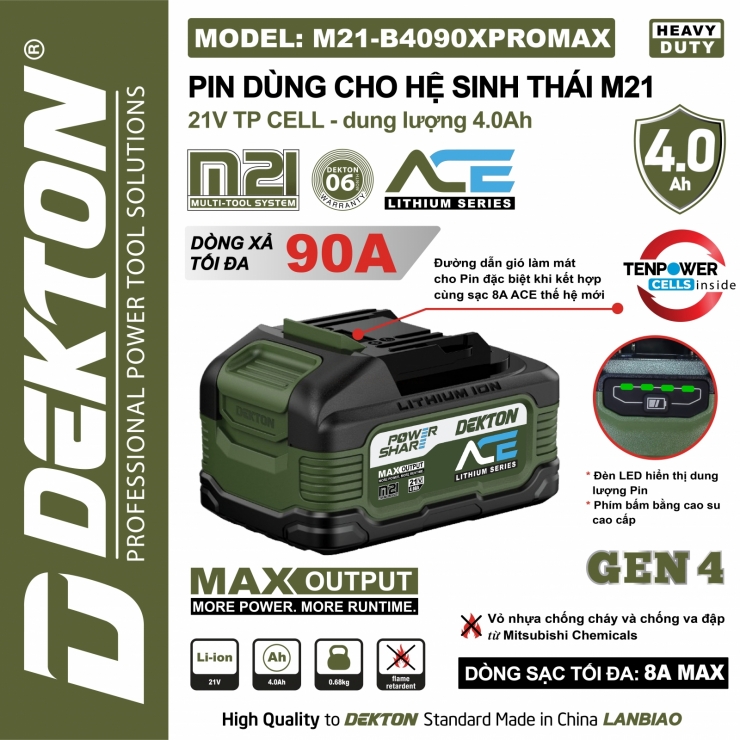 Pin 4A Dekton M21-B4090XPROMAX ( 10cell dòng xả cao 90A )