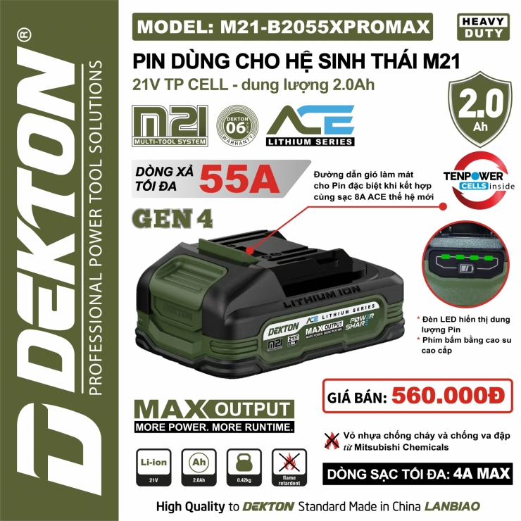 Pin 2A Dekton M21-B2055XPRO ( 5cell dòng xả cao 55A ) 