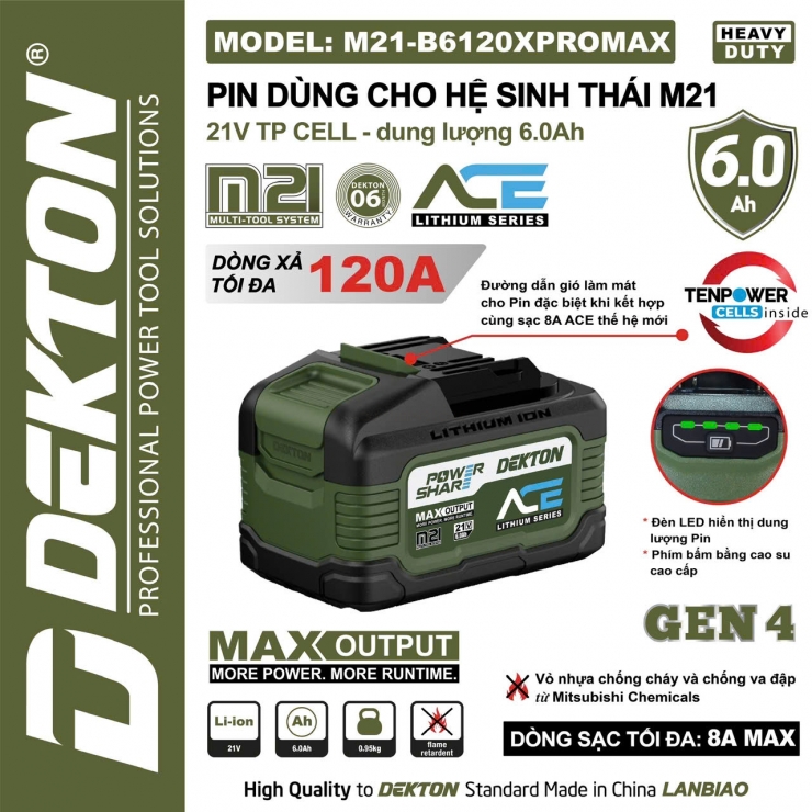 Pin 6A Dekton M21-B6120XPROMAX ( 15cell xả 120A )