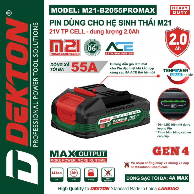 Pin Dekton 2.0Ah M21-B2500PROMAX ( 5cell dòng xả cao 55A )