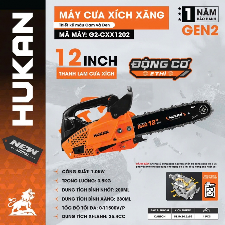 Cưa xích xăng 12 inch Hukan G2-CXX1202 ( 2 thì 25.4CC )